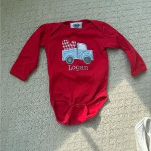 Red Baby Onesie with Blue Truck Design “Logan”